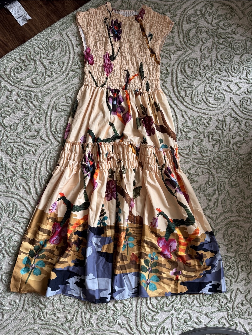 Floral Tiered Midi Dress in Cream with Multicolor Print
